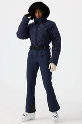 Traje de esquí de una pieza con leggings miniacampanados duraderos de color azul marino para mujer